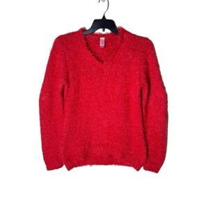 No Boundaries Eyelash Fuzzy Sweater in Red Metallic Threads XXL